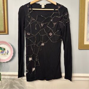 Gold Hawk Black Beaded Women's Top Size XS Metal Boho Sheer Mesh Art to Wear